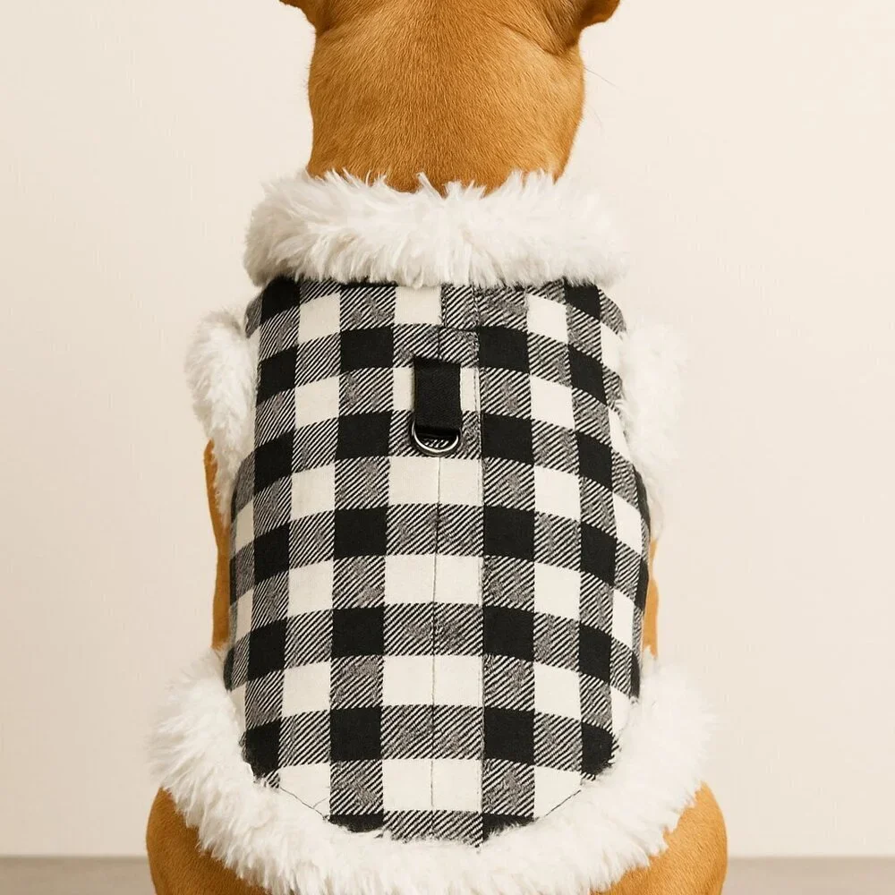 Buffalo Plaid Dog Coat with Fur Trim Stylish Winter Jacket for Pets Size Medium
